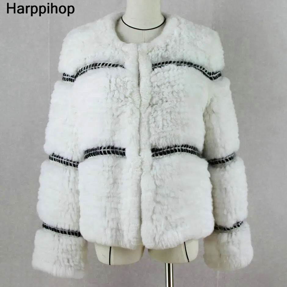Harppihop, Рекс, вязаная шуба из натурального кроличьего меха, женская модная длинная куртка из кроличьего меха, верхняя одежда, зимнее меховое пальто - Цвет: Белый