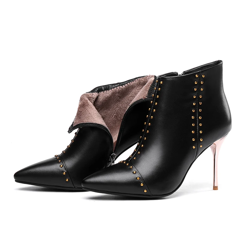 ISNOM Autumn Cow Leather Women Ankle Boots Stud Boot Pointed Toe Party Ladies Shoes High Heels Zip Black Footwear Big Size 32-45 | Обувь