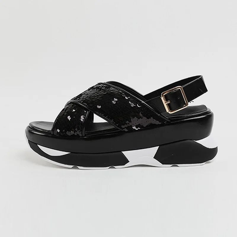 Обувь с блестками; женские летние босоножки на платформе; chaussures femme; женская обувь; sandalia feminina; ремешки с блестками; блестящий серебристый цвет - Цвет: Черный