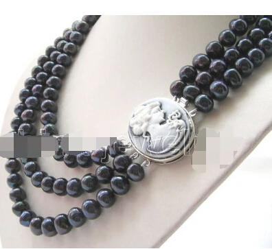 

FREE SHIPPING@@ N2524 3row 9-10mm black round freshwater pearl necklace