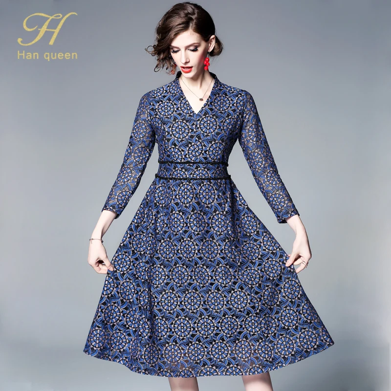 H Han queen, новинка, Vestidos, сексуальное кружевное женское платье с v-образным вырезом, винтажное, элегантное, с принтом, а-силуэт, вечерние платья, офисные, повседневные, летние платья