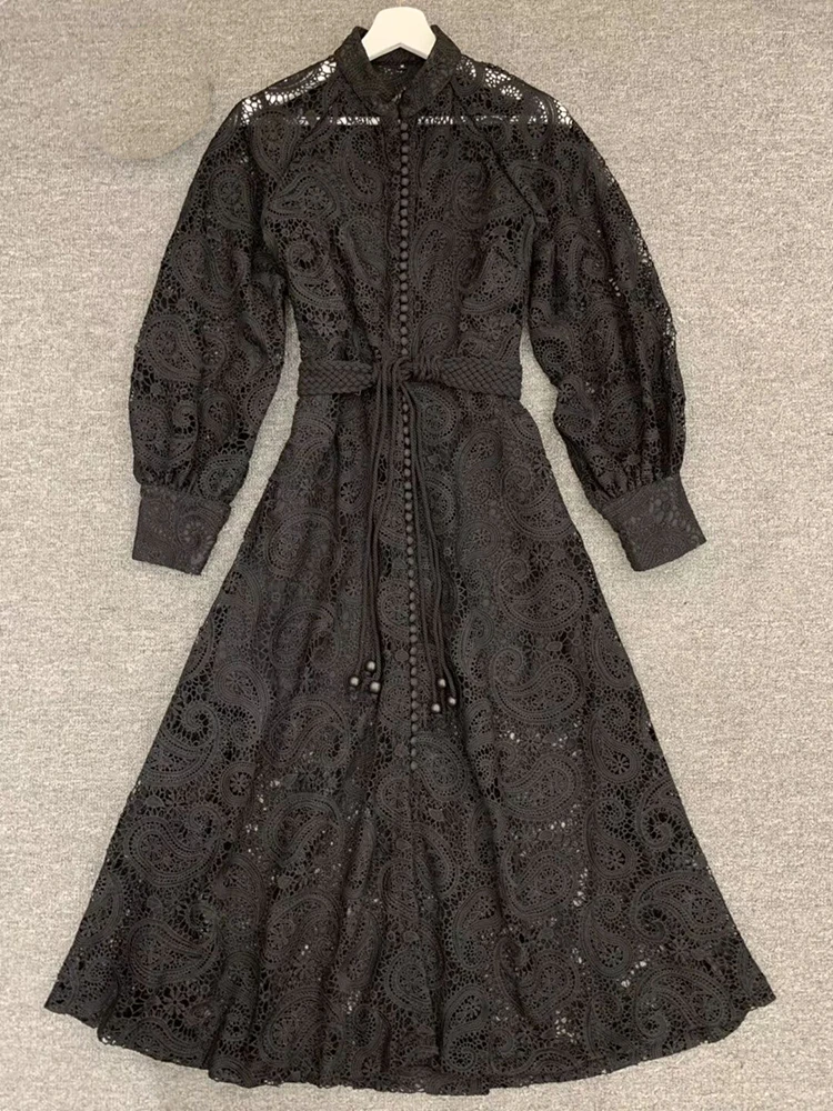 Svoryxiu High End Hollow Out Lace Embroidery Lantern Sleeve Maxi Dress Women's Single Breasted Runway Autumn Party Long Dresses
