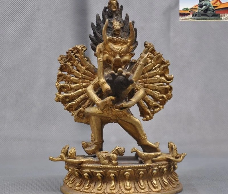 Старый тибетский буддизм бронзовый позолоченный череп Yama Yamantaka Dharmaraja статуя