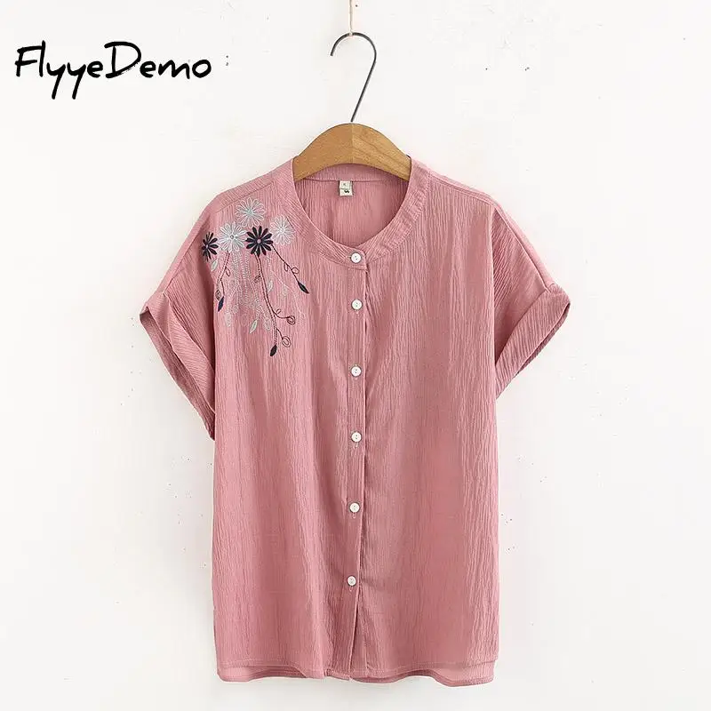 Рубашка с цветочной вышивкой женская закатанными рукавами Топы на пуговицах 2019