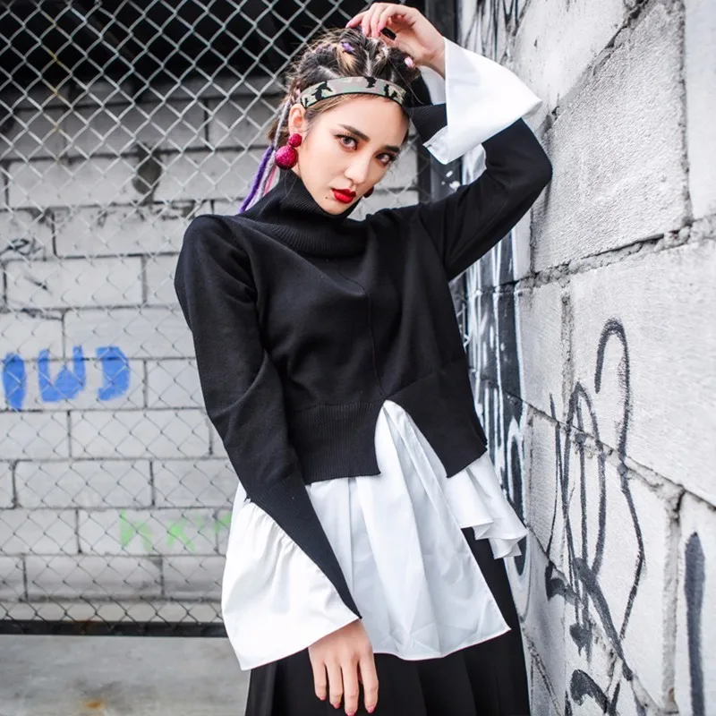 TWOTWINSTYLE Knitting Turtleneck Sweater Womens Flare Sleeve Ruffles Patchwork Draped Irregular Pullover Spring Fashion Harajuku | Женская