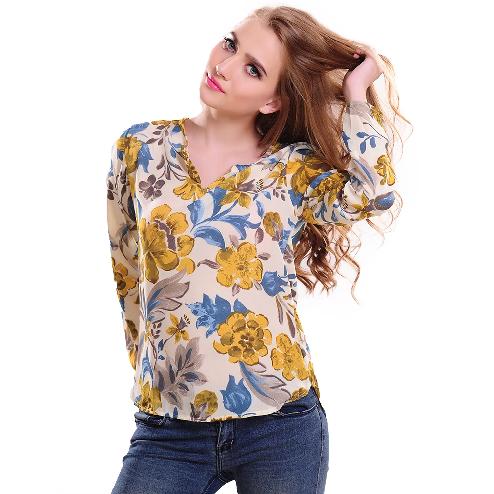 Новинка 2016. Женская блузка из шифона. Рисунок -цветы длинный рукав V-образный