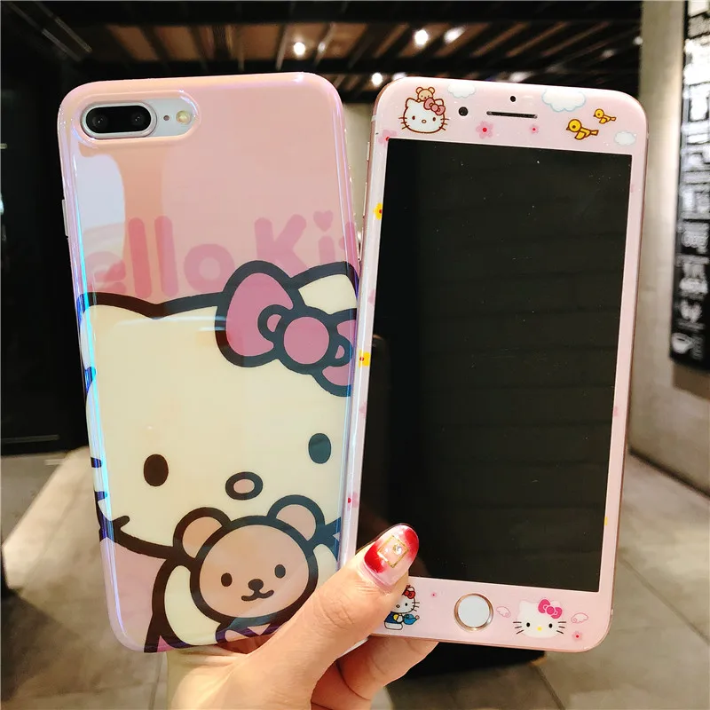 Cute hello Kitty case For iPhone 8 8Plus Tempered Glass Screen film &amp blue ray KT soft Cover for X 7 7plus 6 6S 6SPlus |