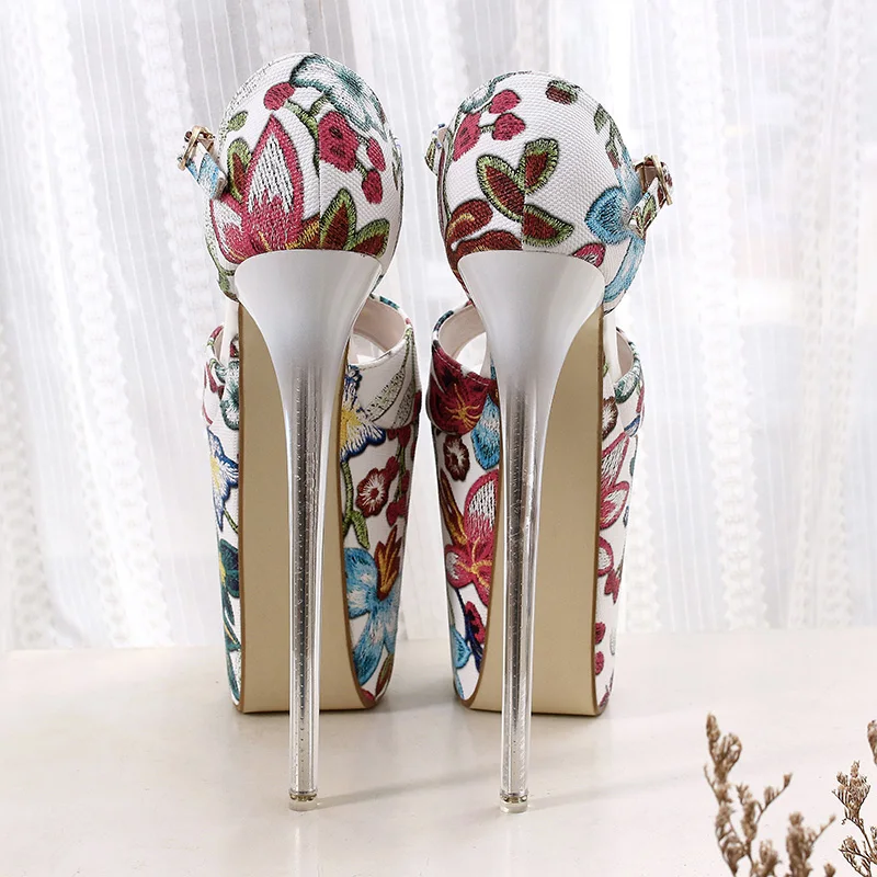 LLXF zapatos/Большие размеры: 34-42, 43, Летние Босоножки с открытым носком и цветочным принтом пикантные туфли на тонком высоком каблуке 20 см для ночного клуба женские туфли-лодочки на шпильке