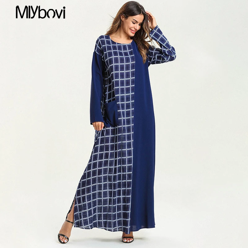 Striped Patchwork Women Dress Navy Blue Fashion Casual Maxi Muslim block Spring Summer Female Plaid islamic clothing 2019 | Женская