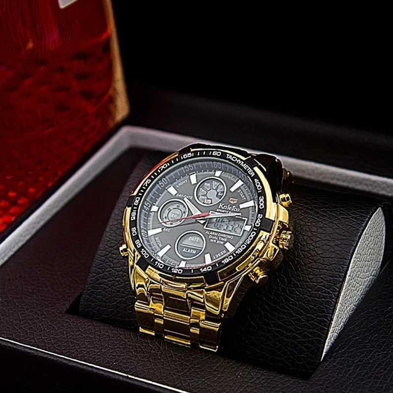 

Mens Gold Skeleton Mechanical Watch Stainless Steel Metal Strap Watches Quartz Business Wristwatch Waterproof watch Dual Display