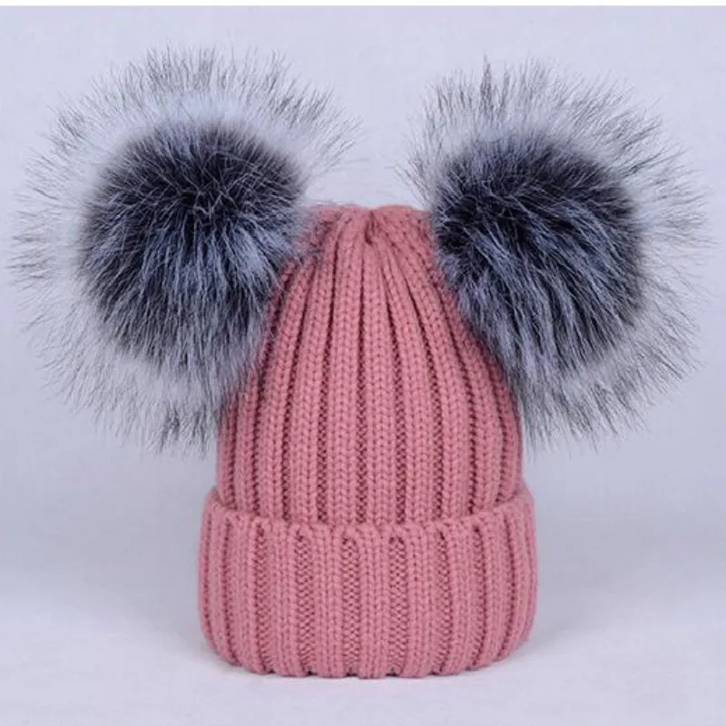 dark pink Двойной Искусственный помпон из лисьего меха, зимняя шапка, модный однотонный вязаный берет, два меховых шар-помпон, шапочки - Цвет: dark pink