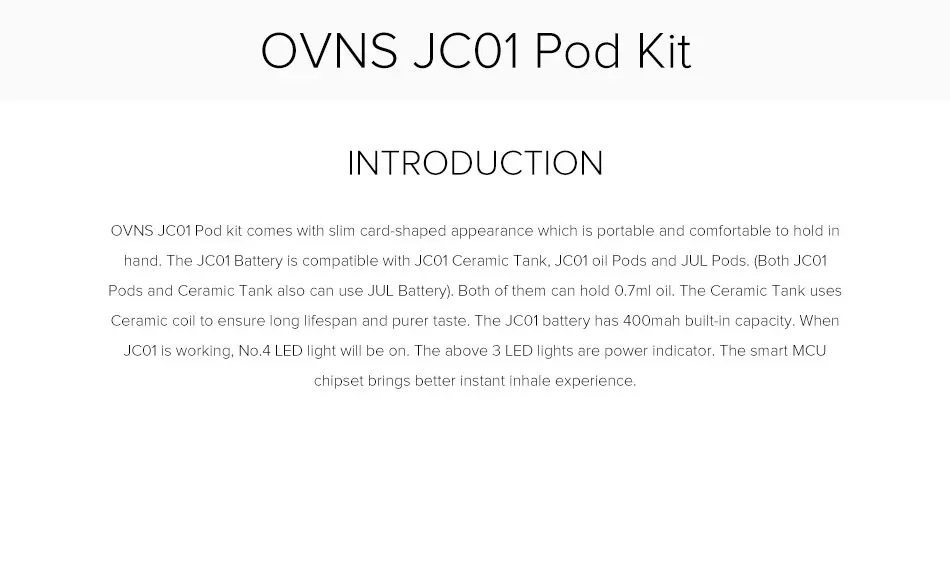 OVNS JC01 Pod Vape комплект 400mAh электронная сигарета 0,7 мл картридж Pod Tank 400mAh 3LED светильник испаритель VS calibren комплект