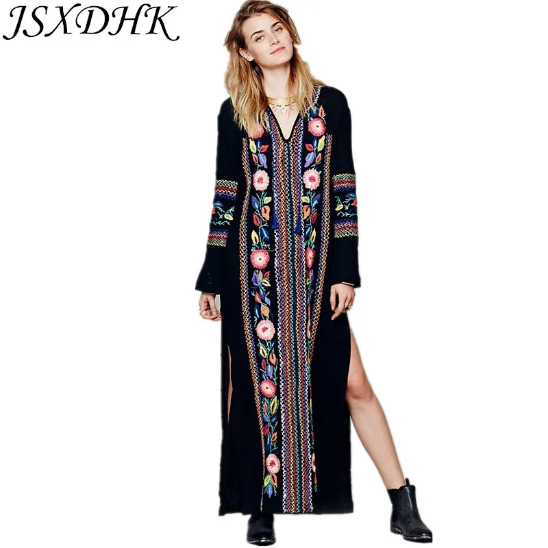 

JSXDHK летнее женское этническое Платье макси с разрезом в стиле бохо 2021 подиумное черное Хлопковое платье с цветочной вышивкой сексуальное п...