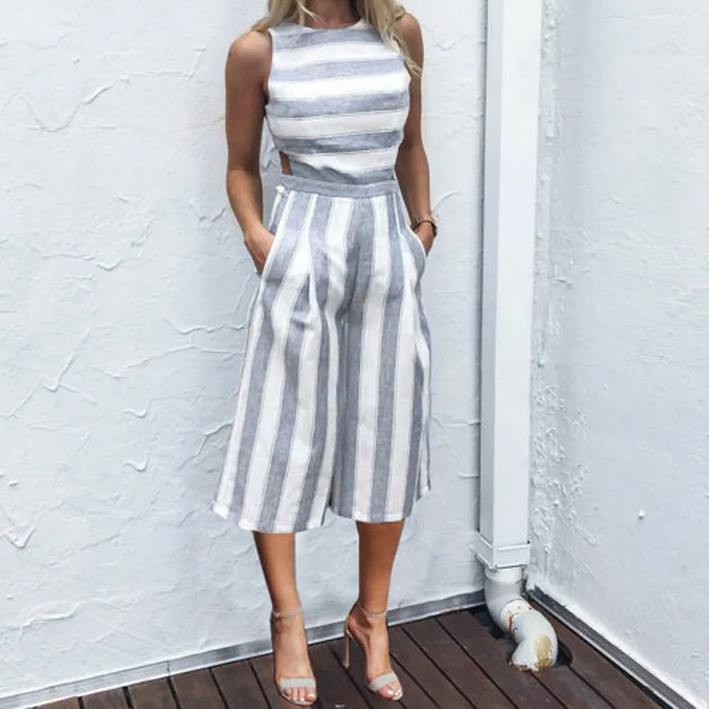 

Womail bodysuit Women Summer Sleeveless Strip Jumpsuit Casual Jumpsuit Clubwear Wide Leg Pant Outfit Fashion 2020 f28