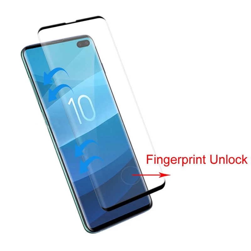 

50pcs DHL Fingerprint Unlock Side Glue Curved Edge Tempered Glass For Samsung Galaxy S10 S10+ Plus Screen Protector Protective