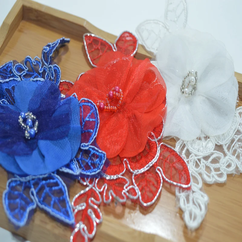 somelace (3pcs/lot)blue~red~white Handmade Beads Wedding Dress Decorated 3D Organza floral Applique Sew On Lace Patches 18030818 | Дом и сад