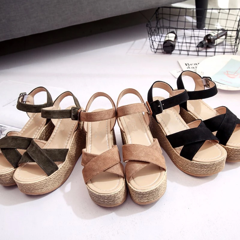 

2019 Summer Buckle Women's Sandals Velvet Flock Fish Mouth Fashion high Heel Platform Open Toes Women Sandals Casual Shoes