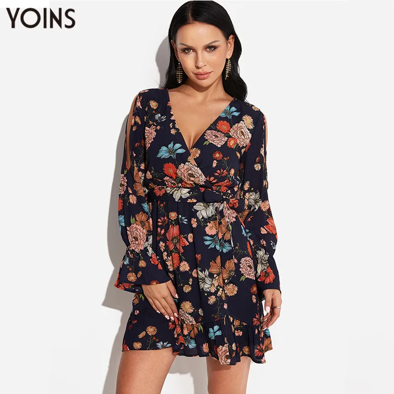 YOINS 2019 женское летнее осеннее платье с длинным рукавом винтажное цветочным
