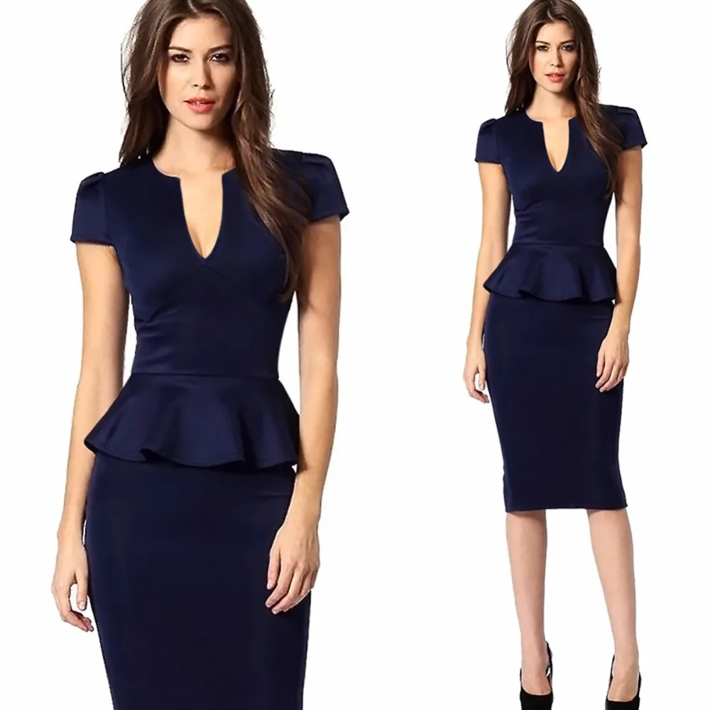FD3429 женское платье карандаш с баской Vestido короткий рукав v образный вырез талия