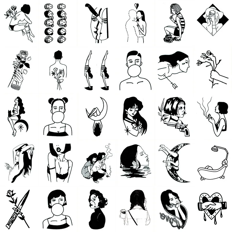 

30PCS Temporary Tattoo Sticker Women Gun Heart Decadence Sexy Tattoo Body Stickers Black Faux Tatouage femme Men