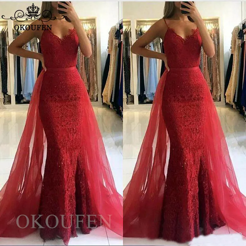 Темно красный кружево Выпускные платья с Русалка Overskirt Спагетти ремень 2019
