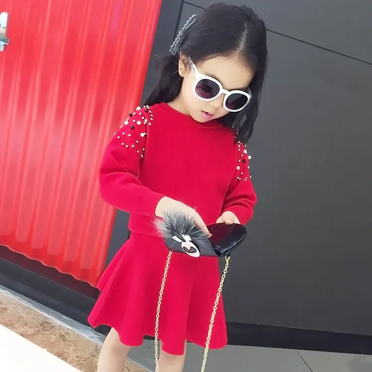 Spring Winter baby sweater + knitted skirt girls 2 pcs set kids knit suit children quality clothes pearl patch solid 4 to 9 yrs | Мать и