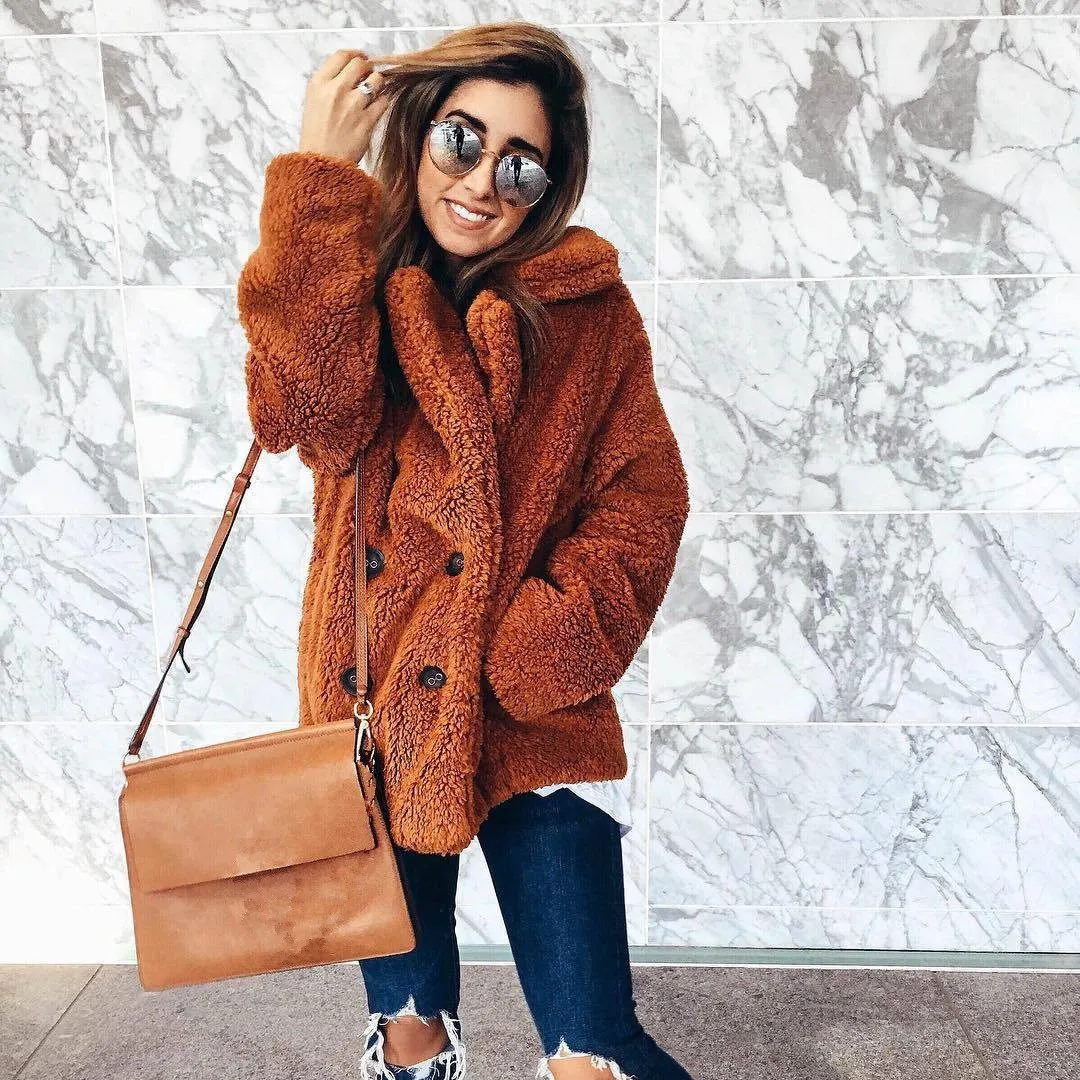 2018 зимнее женское толстое плюшевое пальто с карманами повседневная флисовая