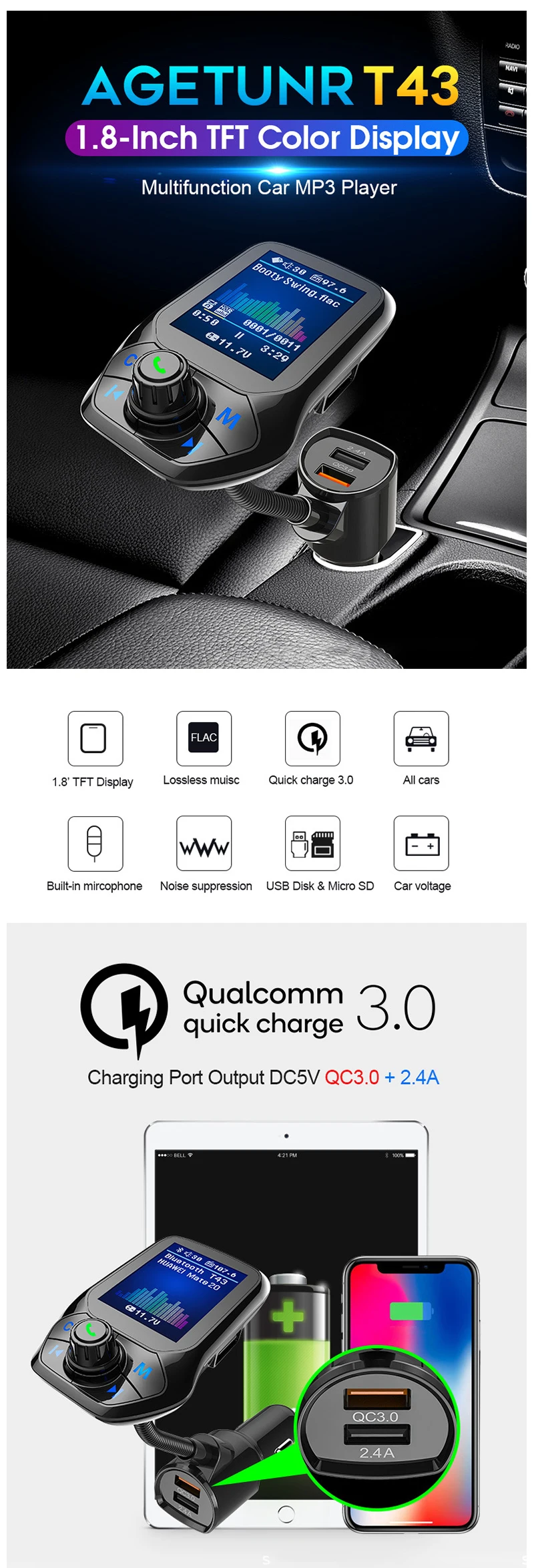 Автомобильные аксессуары, Автомобильный MP3-плеер, USB fm-передатчик, модулятор, Bluetooth аудио, автомобильное зарядное устройство, комплект, SD музыкальный светодиодный дисплей, громкая связь, вызов