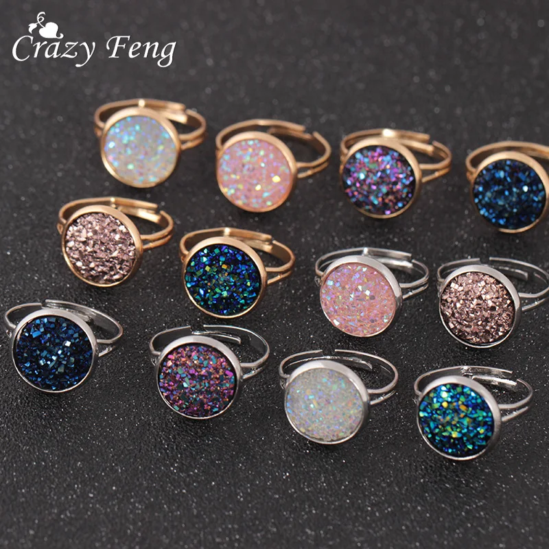 Женское кольцо Crazy Feng серебряное с камнем Druzy для вечеринки свадьбы регулируемый