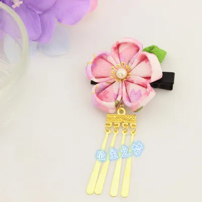 Лаконичный японский стиль Kanzashi цветок сакуры медные кисточкой красный розовый кимоно юката аксессуар ручной работы заколка для волос HW008-M