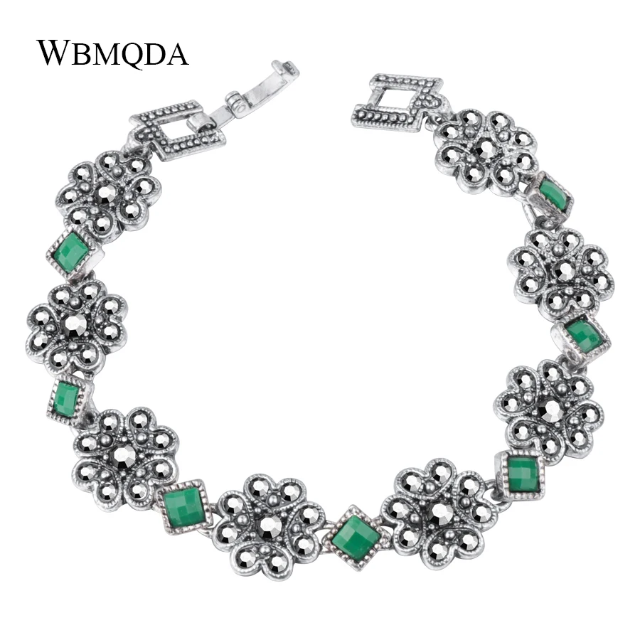 

WBMQDA Vintage Green Bracelet For Woman Ancient Silver Color Holiday Beach Bohe Jewelry Bracelet Femme Pulseras Mujer