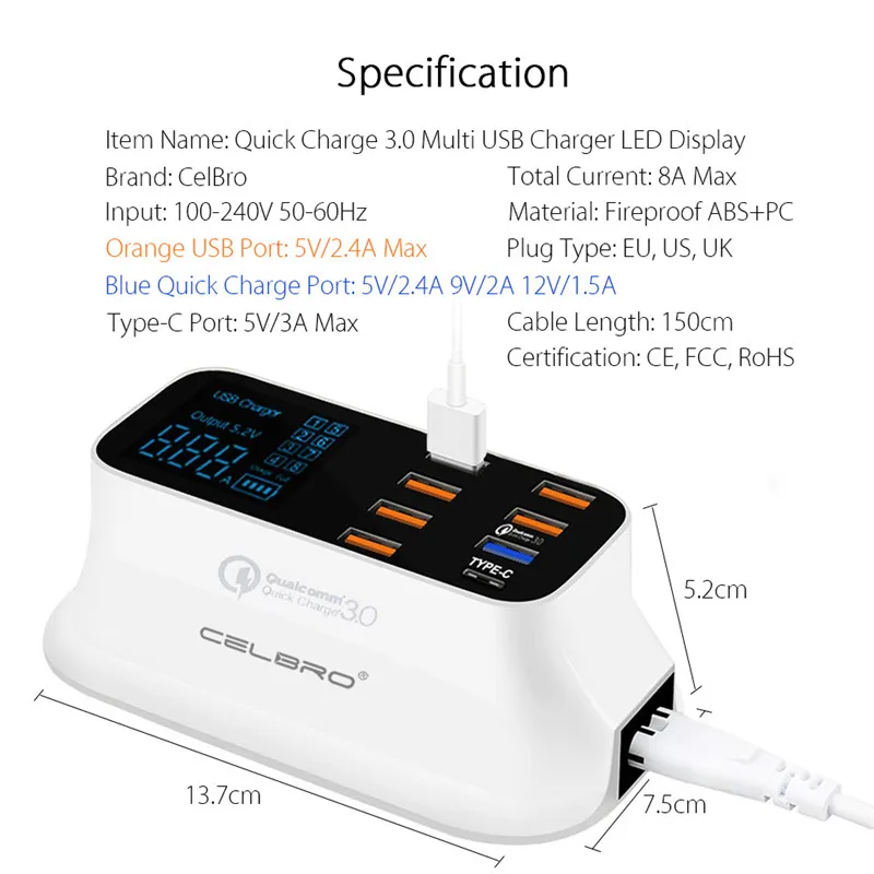 Мульти Порты и разъёмы USB Зарядное устройство концентратор Quick Charge 3,0 8 Порты и разъёмы Настольный несколько USB Зарядное устройство станция светодиодный Дисплей Быстрая зарядка EU US UK вилкой