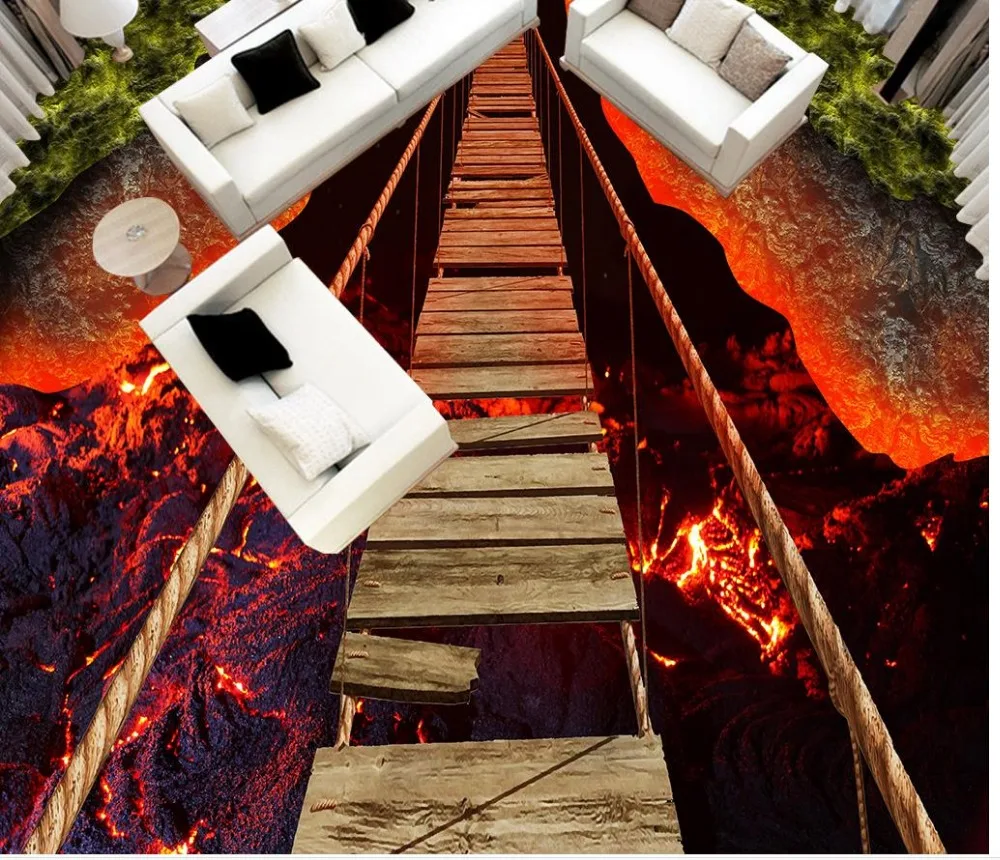 Фото обои для пола стены на заказ 3D стереоскопический мост вулканическая лава