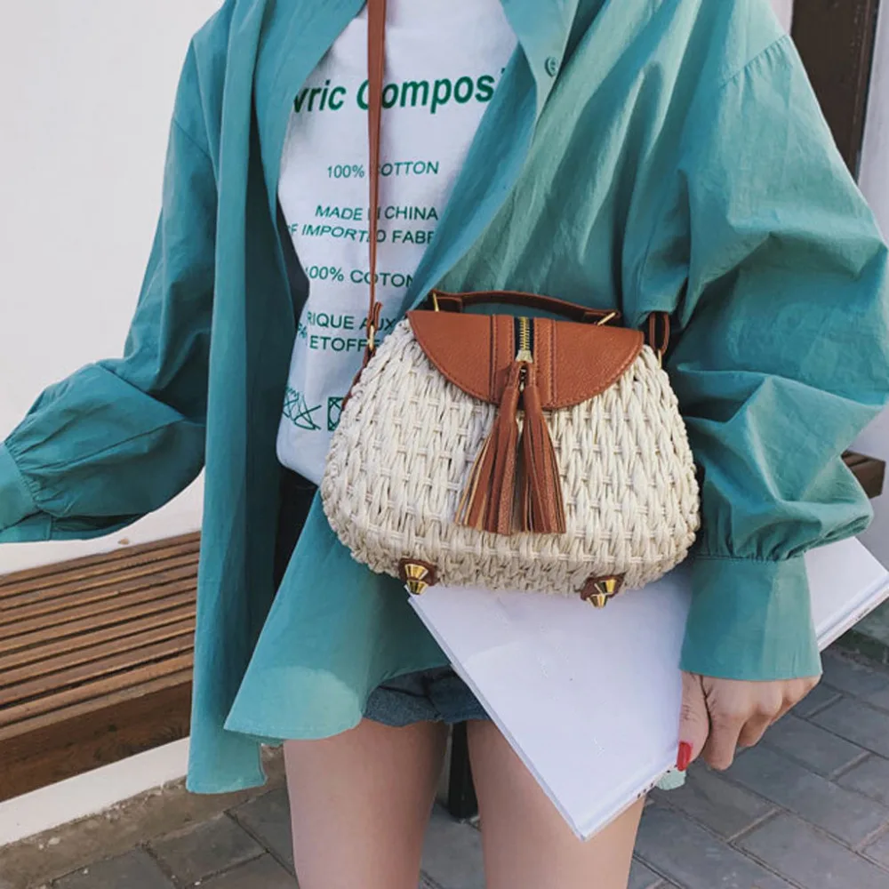 Женская соломенная сумка на плечо пляжная через с кисточками лето 2019|Сумки