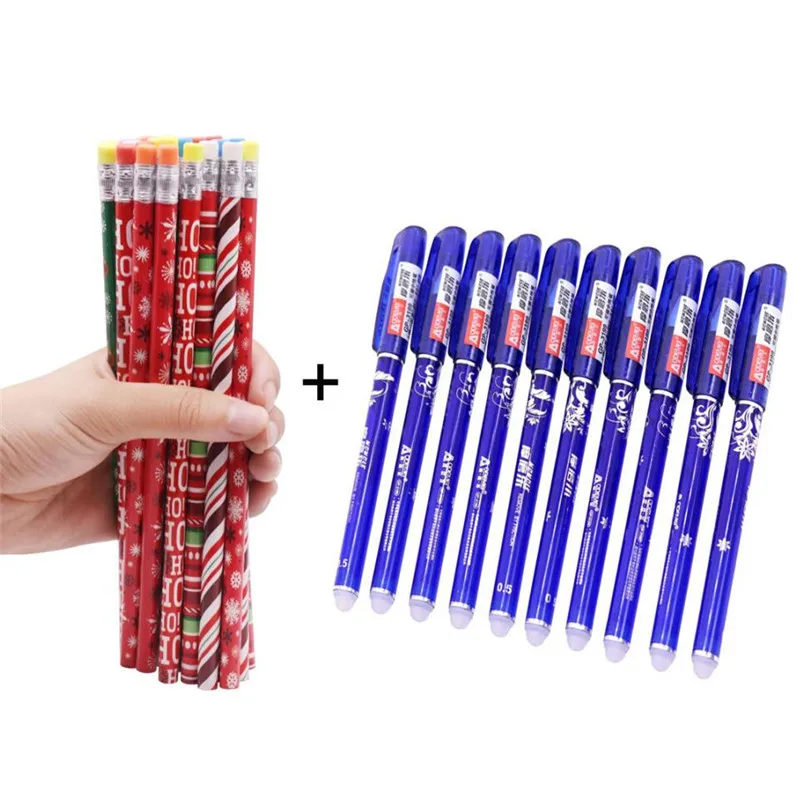 2 gel pens 2 pencils 2+ 2 шт/набор Школьный стационарный набор канцелярских принадлежностей 0,5 мм синие чернила стираемая ручка и Рождественский деревянный карандаш с головкой - Цвет: 2 gel pens 2 pencils