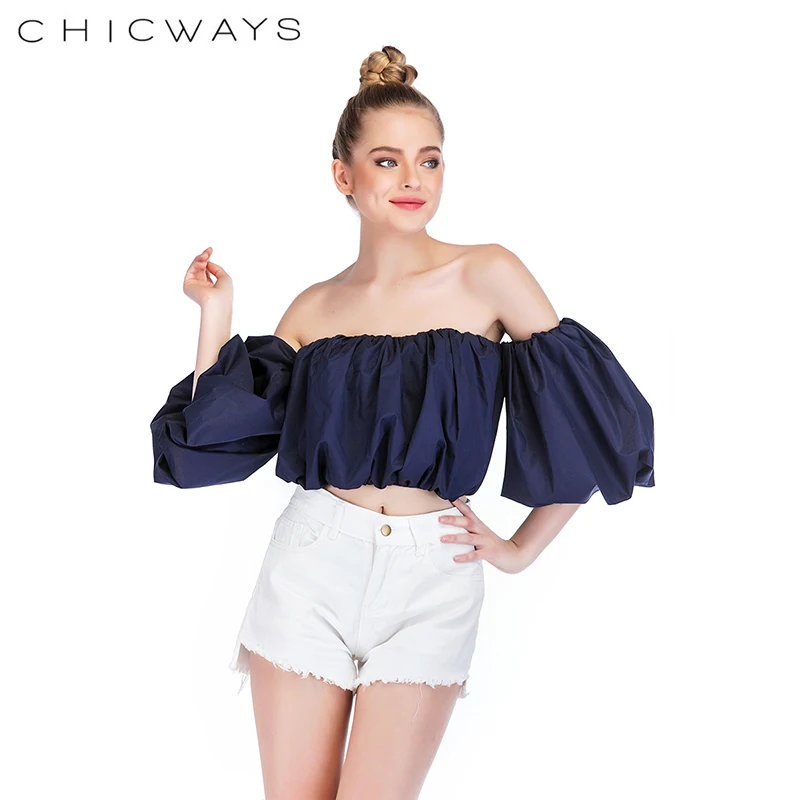 Chicways с открытыми плечами короткий рукав укороченный топ пышными рукавами