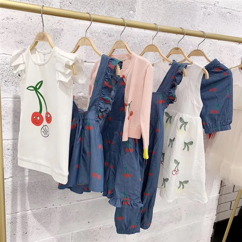 2019 NEW Cherry Pattern Embroider Baby Girls White Dress Floral Print Party Boutique Summer Puff Sleeve for Clothes | Детская одежда и