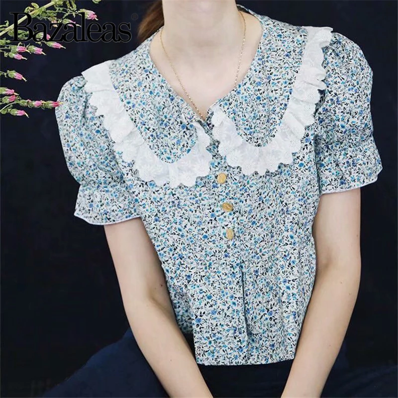 Bazaleas винтажные кружевные лоскутные женские топы blusas шикарный цветочный принт