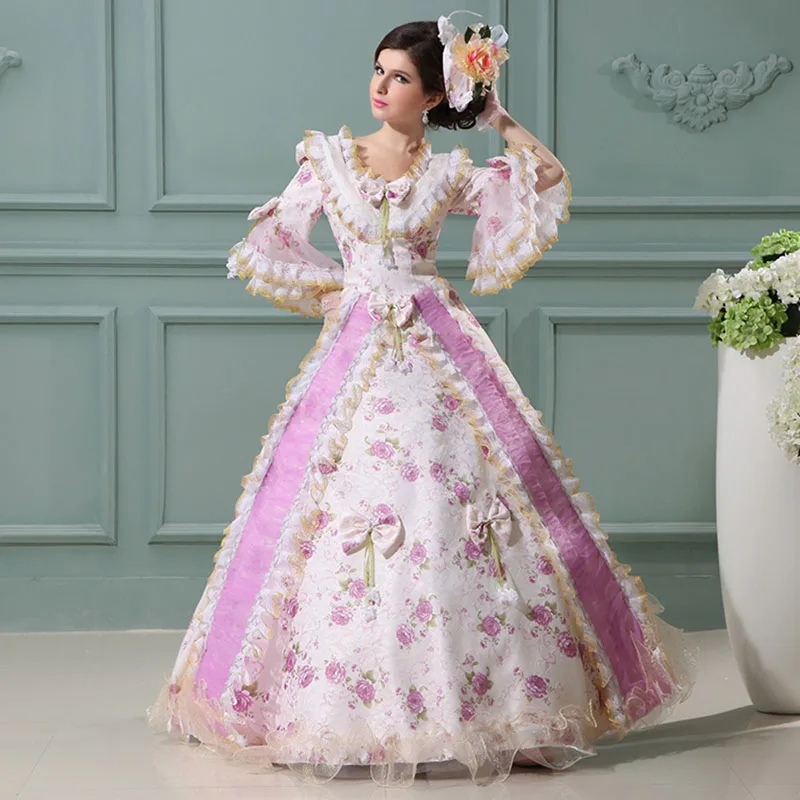 

18th Century Royal Pink and Purple Rococo Baroque masquerade Dresses Square Collar Bow Lace European Court Dance Ball Gowns