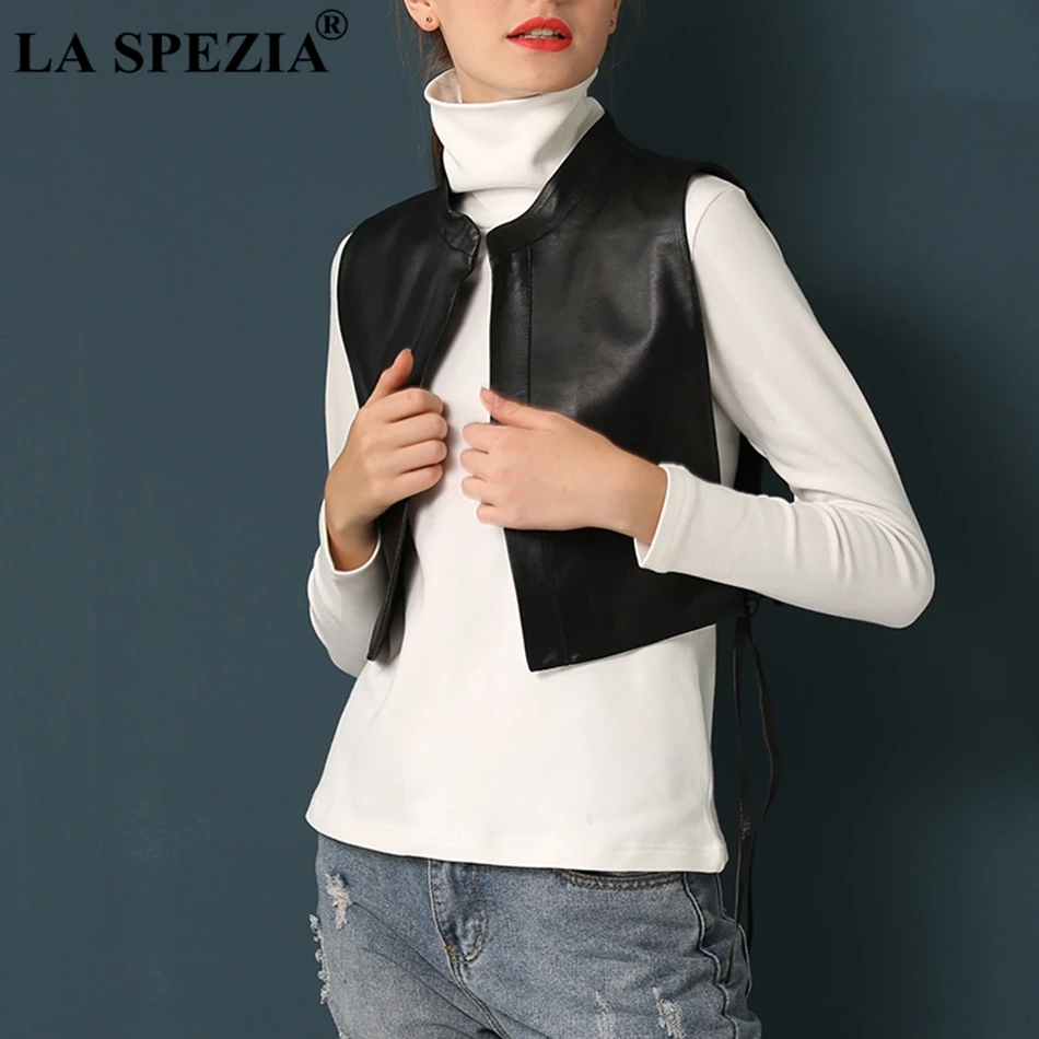 LA SPEZIA, женский короткий жилет, черный, натуральная кожа, жилет, женский, с поясом, простой, модный, из овчины, для девушек, уличная, весенний жилет