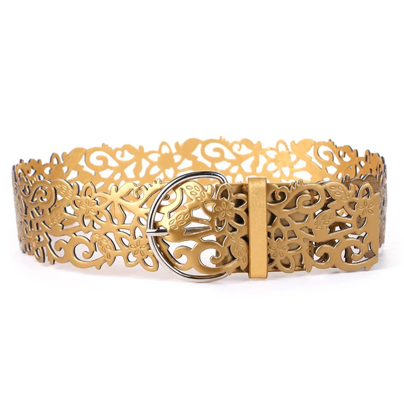 Модный женский широкий эластичный пояс с пряжкой на талию серебристый золотой