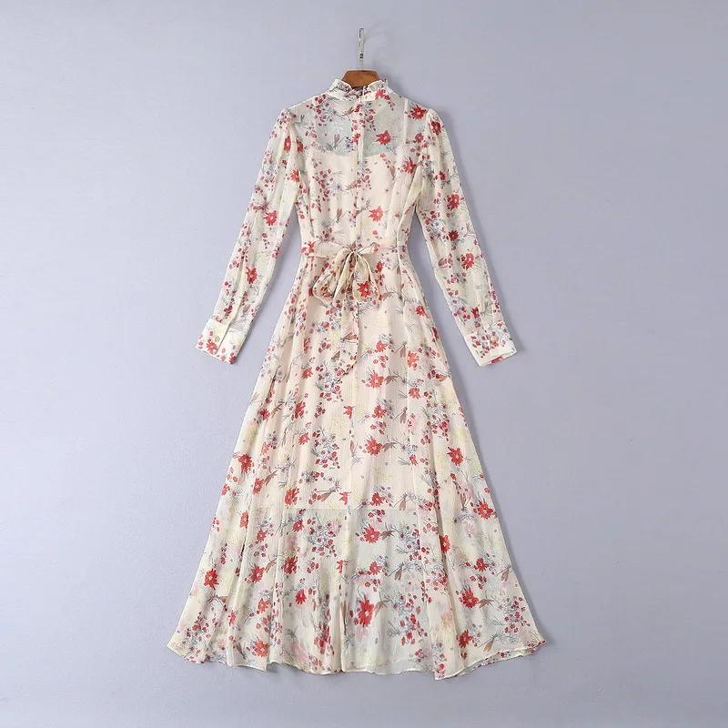 Женское Шифоновое Платье макси с вышивкой длинное платье воротником стойкой