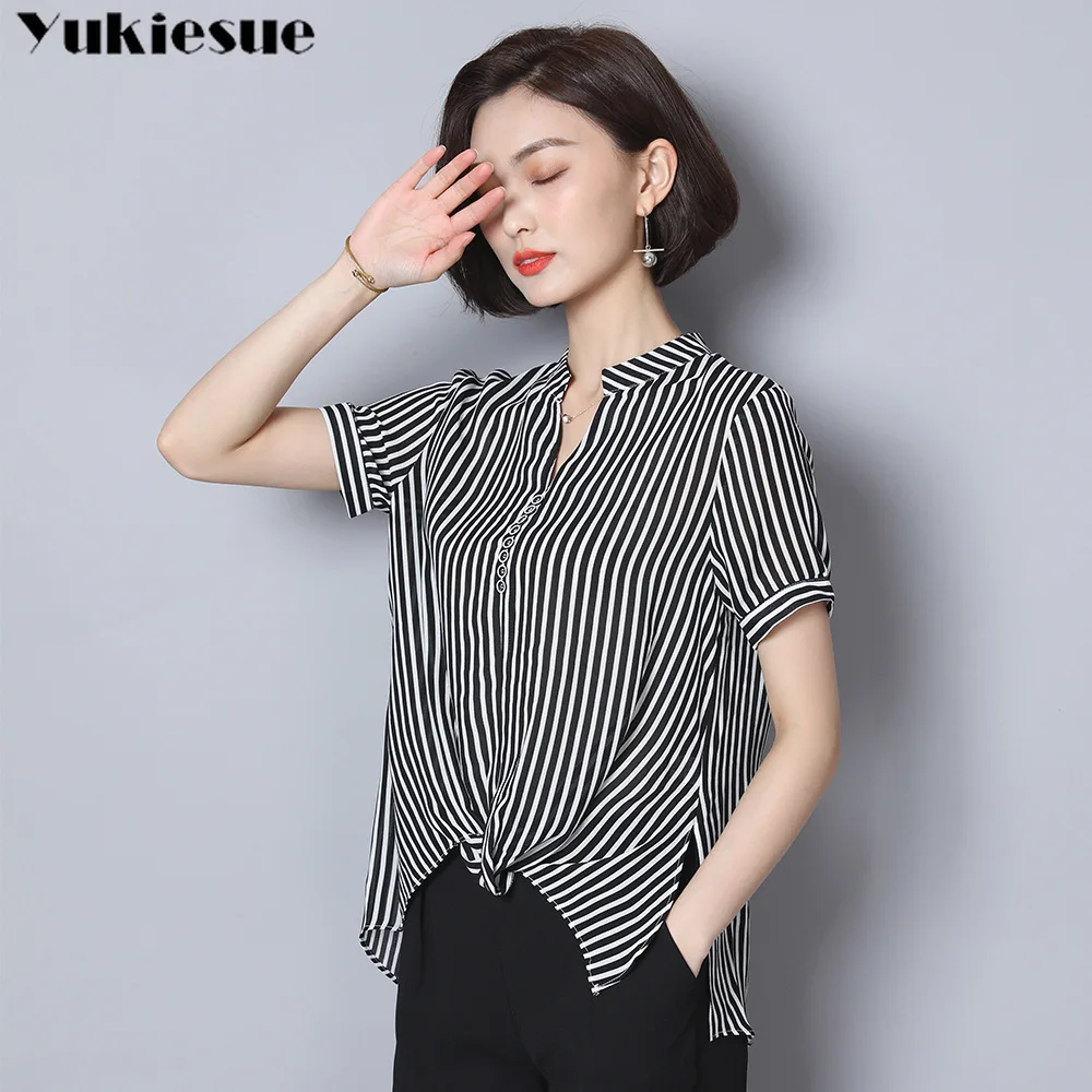 Летняя полосатая Женская рубашка блузка для женщин blusas Женские топы и блузки