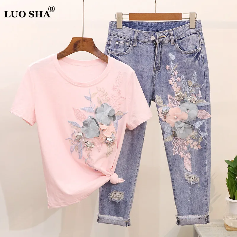 pink LUOSHA, женский костюм, весна-лето, футболка с коротким рукавом+ джинсы, с вышивкой, 3D цветы, с дырками, стильный комплект из джинсовых штанов - Цвет: pink