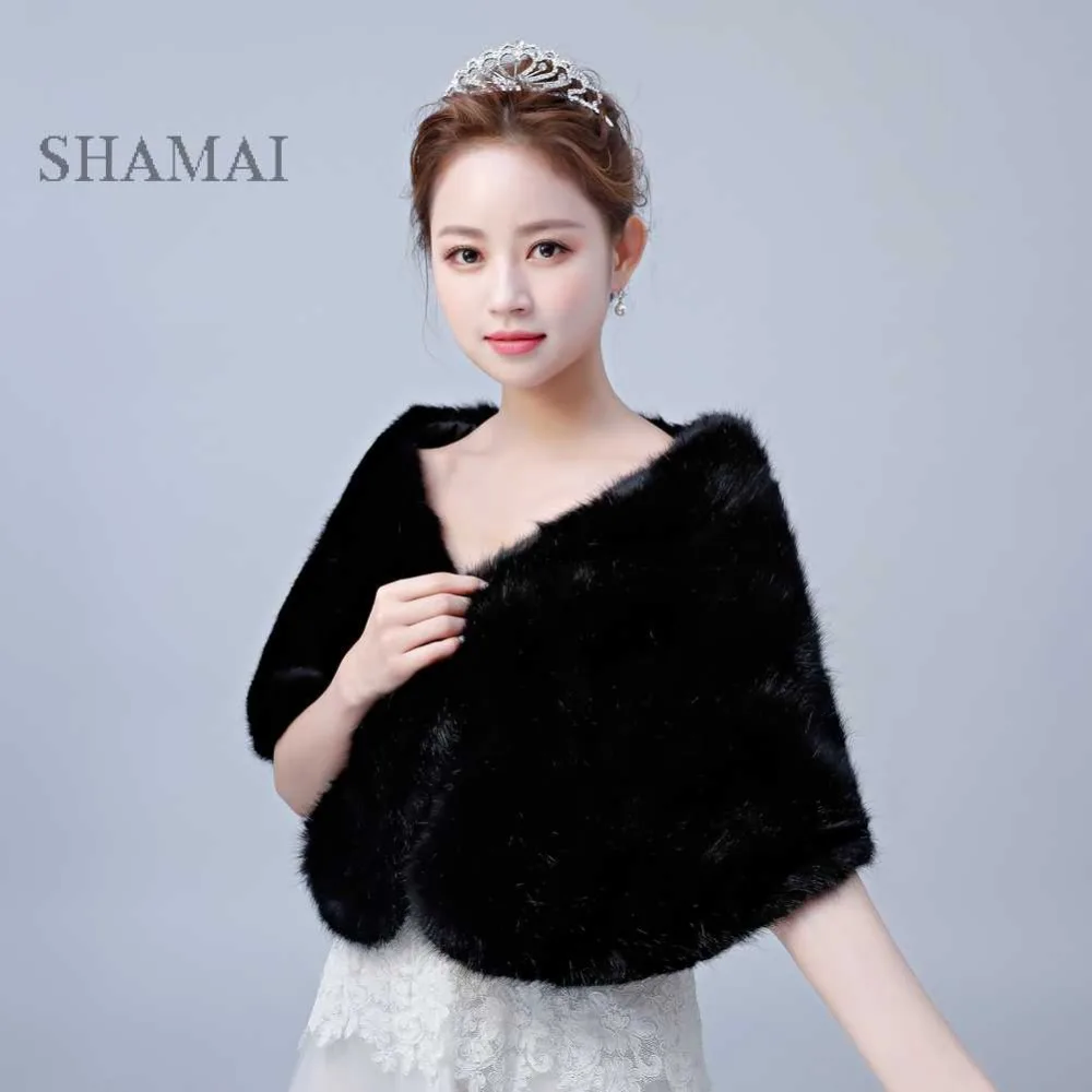

SHAMAI Black High Quality Winter Faux Fur Bridal Jacket Warm Boleros Luxurious Wedding Bride Wraps Cape New Wedding Wrap