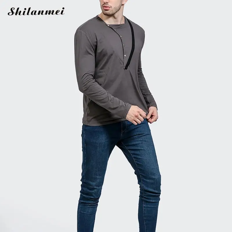 Брендовые мужские Футболка Модные серые лоскутные футболки Для мужчин с длинным