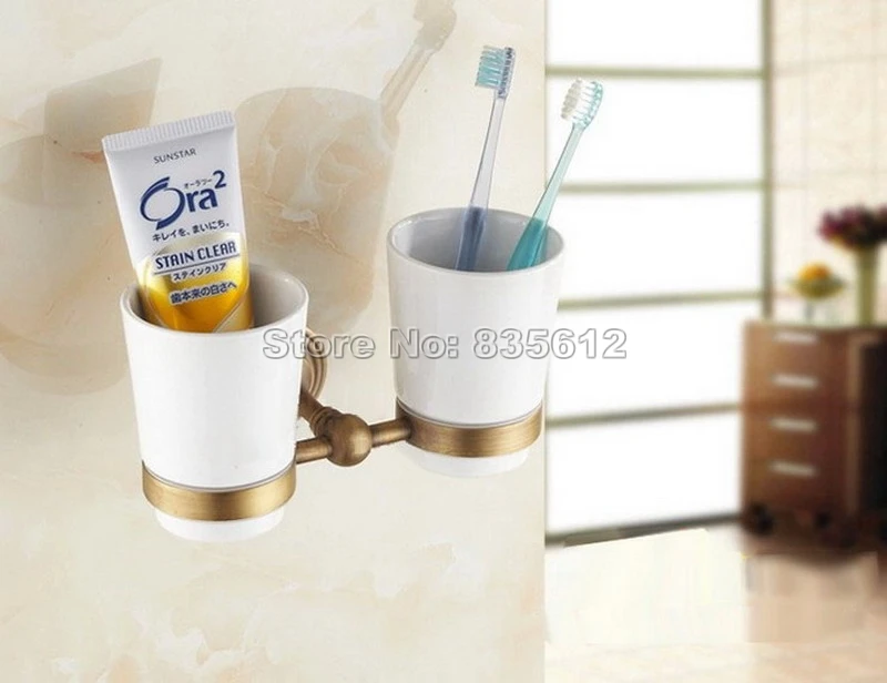 Antique Brass Toothbrush Holder with Two Ceramic Cups Wall Mounted Wba033a | Обустройство дома