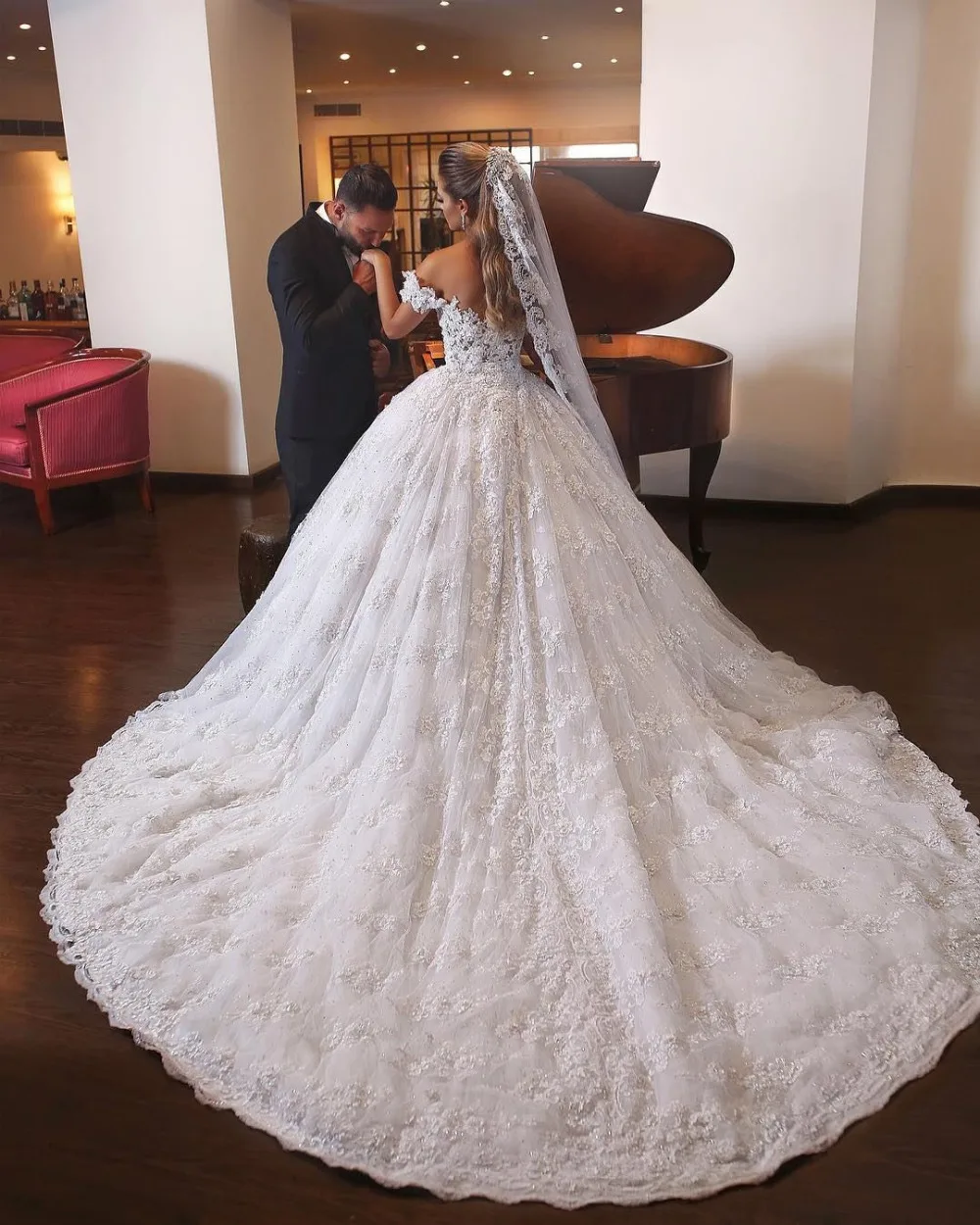 Robe De Mariage Роскошные блестящие белые свадебные платья с открытыми плечами Блестки Кружева Свадебные платья для невесты Vestido De Novia