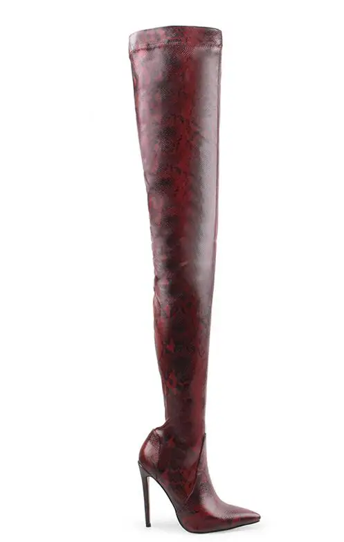 wine red BuonoScarpe/женские пикантные высокие сапоги до бедра без шнуровки сапоги на высоком каблуке 13 см со змеиным принтом шикарная танцевальная обувь на высоком каблуке с острым носком - Цвет: wine red