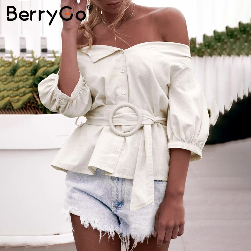 BerryGo сексуальная летняя блузка с открытыми плечами рубашка женская кнопки в